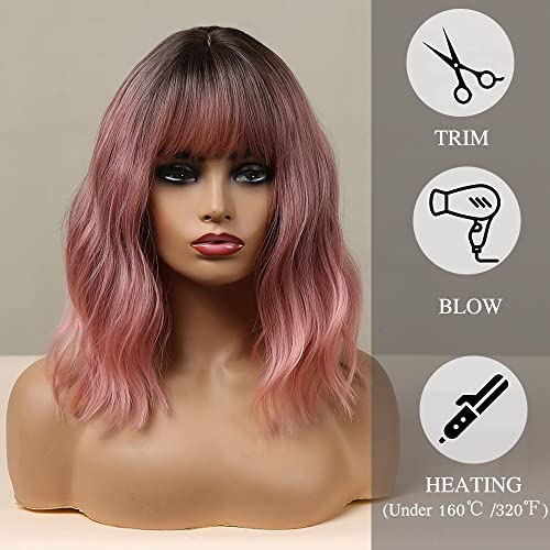 Esmee 14 Inches Short Pink Wigs with Bangs for Women Natural Synthetic Hair Ombre Wig with Dark Roots Loose Wavy Wigs for Cosplay Daily Party Wear… - Image 5