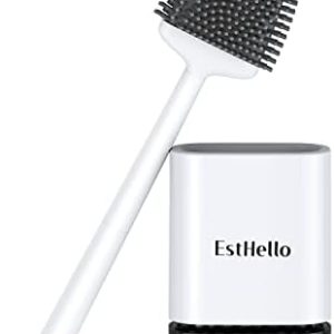 ESTHELLO Toilet Brush and Holder, Silicone Toilet Bowl Cleaner Brush Set for Bathroom Deep Cleaning, Compact Flexible Toilet Cleaner Brush with Ventilated Drying Holder, Wall Mounted/Floor Standing