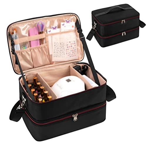 Ethereal Nail Polish Organizer Case Holds 40-50 Bottles(15ml/0.5fl.oz) and Nail Lamp, Double Layer Nail Polish Storage Bag for Nail Kit, Manicure Tools, Oxford Black