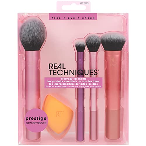 Everyday Essentials + Makeup Sponge Kit, Makeup Brushes & Makeup Blender Sponge, For Foundation, Blush, Bronzer, Eyeshadow, & Powder, Synthetic Bristles, Cruelty Free, 5 Piece Set - Image 2