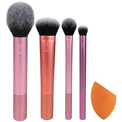 Everyday Essentials + Makeup Sponge Kit, Makeup Brushes & Makeup Blender Sponge, For Foundation, Blush, Bronzer, Eyeshadow, & Powder, Synthetic Bristles, Cruelty Free, 5 Piece Set