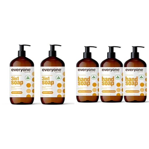 Everyone 3-in-1 Soap, Body Wash, Bubble Bath, Shampoo, 32 Fl Oz (Pack of 2) & Liquid Hand Soap, 12.75 Ounce (Pack of 3), Meyer Lemon and Mandarin, Plant-Based Cleanser with Pure Essential Oils