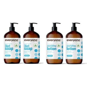 Everyone 3-in-1 Soap, Body Wash, Bubble Bath, Shampoo, 32 Fl Oz (Pack of 2) & Nourishing Hand and Body Lotion, 32 Ounce (Pack of 2), Unscented, Plant-Based Lotion with Pure Essential Oils