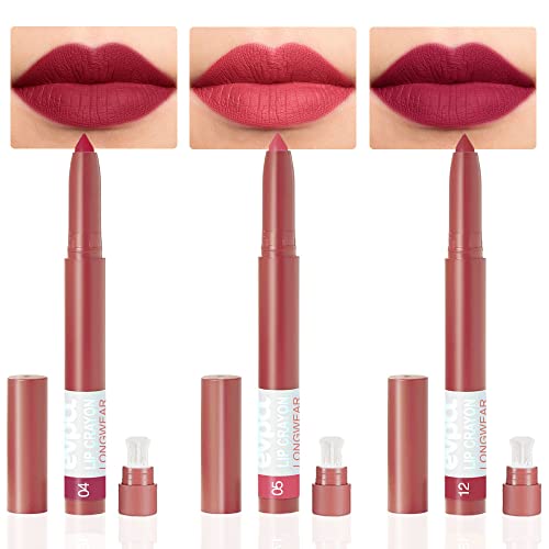 evpct 3Pcs Wine berry red Warm pink Plum Purple Matte Lipstick and Lip Crayon Stick Liner Pencil Set Sharpener Waterproof Long Lasting 24 Hour Lipstick labiales mate 24 horas originales 4&5&12
