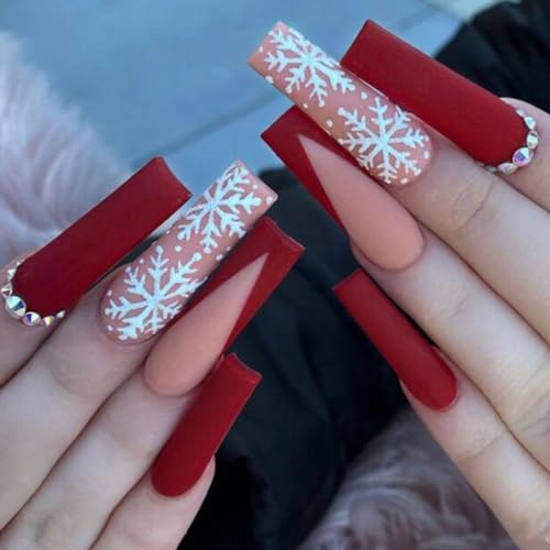 Extra Long Coffin Christmas False Nails Christmas Press on Nails Red Fake Nails Full Cover Matte Acrylic Nails With Rhinestones and Snowflake Designs Glue on Nails for Women - 24Pcs