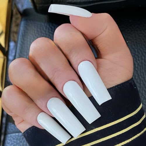 Extra Long Coffin Press On Nails White,KQueenest Solid Ballerina Fake Nails Pure Glossy Acrylic Nails Full Cover Stick on Nails Manicure Set For Women Girls in 24PCS