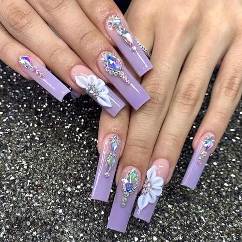 Extra Long Press on Nails - Diowino Coffin Fake Nails Extra Large Rhinestone Full Cover Acrylic Nails Glossy Purple Gradient With Flower Charms Artificial False Nails Glue on Nails for Women Girls