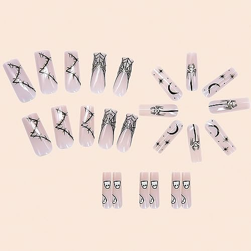 Extra Long Press on Nails Halloween Fake Nails Full Cover Square Shaped False Nails with Ghost Spider Moon Halloween Designs Glossy Silver Glitters Acrylic Nails Halloween Glue on Nails for Women - Image 4