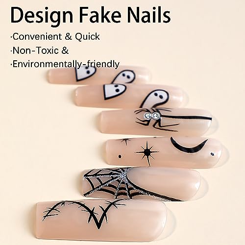 Extra Long Press on Nails Halloween Fake Nails Full Cover Square Shaped False Nails with Ghost Spider Moon Halloween Designs Glossy Silver Glitters Acrylic Nails Halloween Glue on Nails for Women - Image 7