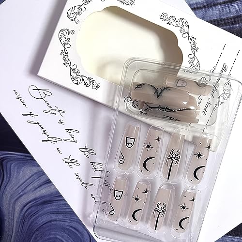Extra Long Press on Nails Halloween Fake Nails Full Cover Square Shaped False Nails with Ghost Spider Moon Halloween Designs Glossy Silver Glitters Acrylic Nails Halloween Glue on Nails for Women - Image 2