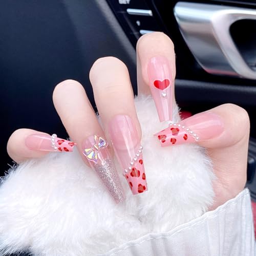 Extra Long Red Glitter Heart Valentine's Day Press On Nails 24 Piece Set