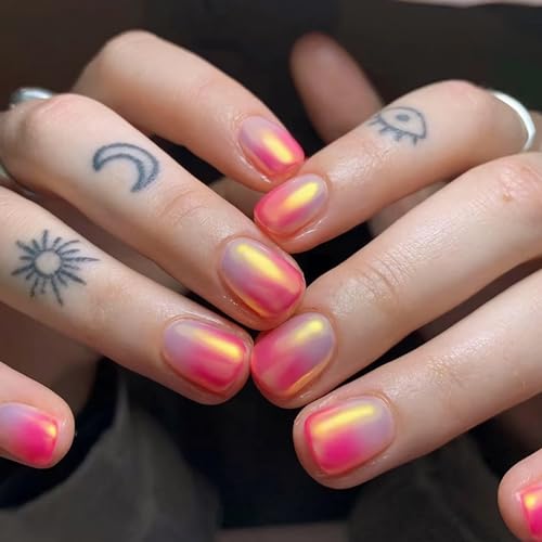 Extra Short Press on Nails French Tip Glue on Nails Squoval Acrylic Nails Press on False Nails with Chrome Design Gradient Ombre White Pink Fake Nails Pink Tips Manicure Accessories Supplies for Women