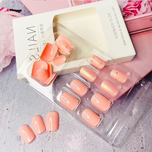 Extra Short Square Orange Glitter Press on Nails for Women - 24 Pcs Reusable Kit - Image 5