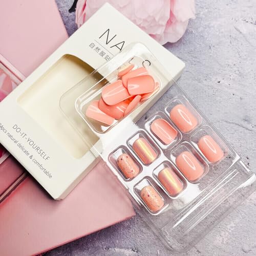 Extra Short Square Orange Glitter Press on Nails for Women - 24 Pcs Reusable Kit - Image 4