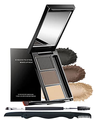 Eyebrow Powder Makeup Kit-3 Colors Eye Brow Powder Palette Long-Lasting Waterproof, Grey Brown Series Brow Filler, Fill & Sculpt Full Eyebrows for Women, With Mirror, Brow Brush & Razor-Set 03