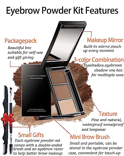 Eyebrow Powder Makeup Kit-3 Colors Eye Brow Powder Palette Long-Lasting Waterproof, Grey Brown Series Brow Filler, Fill & Sculpt Full Eyebrows for Women, With Mirror, Brow Brush & Razor-Set 03 - Image 3