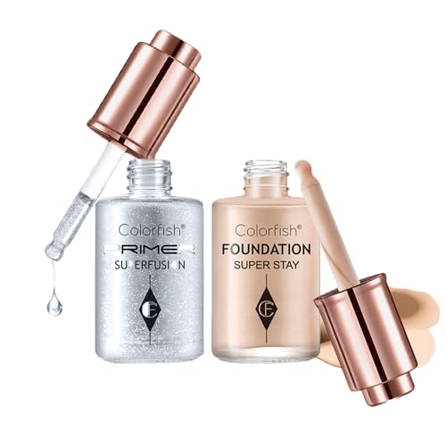 Face Primer and Foundation Set,Long Lasting Lightweight Full Coverage Facial Concealer Foundation,Natural Nude Cream Oil Control Primer Coverage Foundation for All Skin Types