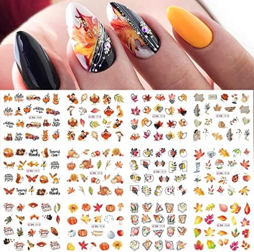 Fall Nail Art Stickers Maple Leaves Nail Water Decals Transfer Foils for Nail Supplies Thanksgiving Nail Stickers Autumn Maple Leaf Pumpkins Turkey Nail Design for Women DIY Manicure Decorations 12PCS - Image 6