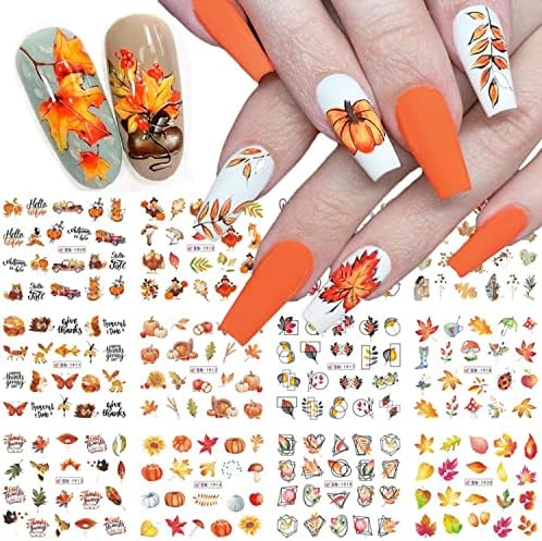 Fall Nail Art Stickers Maple Leaves Nail Water Decals Transfer Foils for Nail Supplies Thanksgiving Nail Stickers Autumn Maple Leaf Pumpkins Turkey Nail Design for Women DIY Manicure Decorations 12PCS