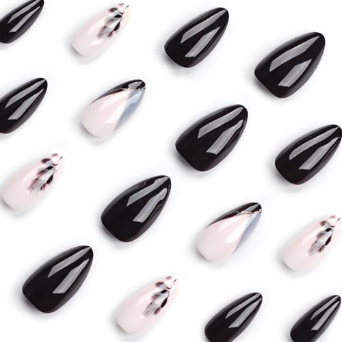 Fall Press on Nails Medium Fake Nails, LPOODDNU Fall Leaf Press on Nails Almond Shape False Nail Tips Black Glue on Nails Cute Stick on Nails Finger Manicure Decorations for Women, 24Pcs - Image 2