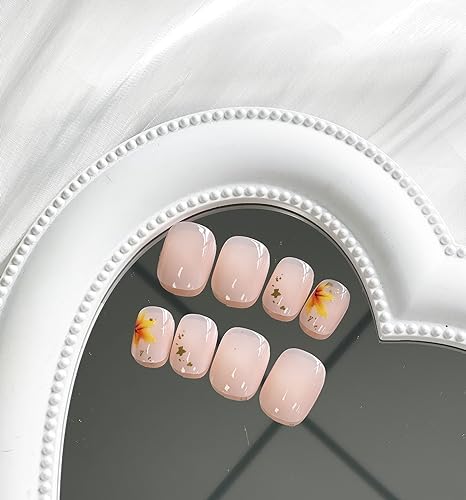 Fall Press on Nails Short Square Fake Nails with Maple Leaf Foil Designs French Gradient False Nails Cute Short Acrylic Press on Nails Glossy Nude Stick on Nails Reusable Artificial Nails for Women - Image 2