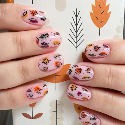 Fall Press on Nails Short Square MABKJLF Fake Nails Full Cover Little Maple Leaves Pink False Nails with Designs Glossy Glue on Nails Acrylic Nails Manicure Artificial Nails for Women Girls 24Pcs