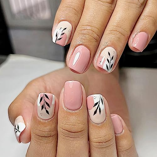 Fall Square Press on Nails Short Fake Nails with Leaf Designs Autumn Acrylic Nails Pink Stick on Nails Artificial Glossy Nails Glue on Nails for Women and Girls 24Pcs