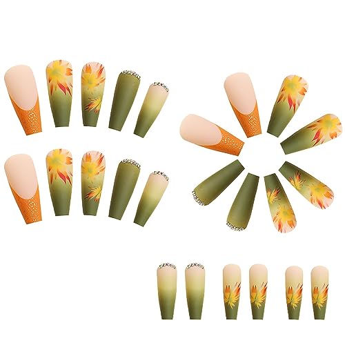 Fall Thanksgiving Press on Nails Long Square Artificial Acrylic Fake Nails with Maple Leaf Rhinestones Design Full Cover Reusable Glossy French False Nails Women DIY Glue on Nails Manicure for Set - Image 3