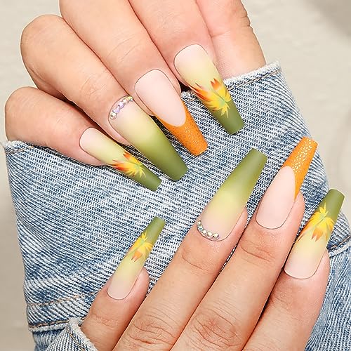Fall Thanksgiving Press on Nails Long Square Artificial Acrylic Fake Nails with Maple Leaf Rhinestones Design Full Cover Reusable Glossy French False Nails Women DIY Glue on Nails Manicure for Set - Image 2