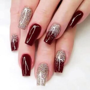Wine Red Long Coffin Press-On Nails with Gold Foil Accents, 24 Piece Set