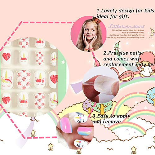 False Nails Press on Nails for Kids-Flower Heart Print Short False Artificial Full Cover Nail Art Kits Nail Glue Tabs for Girls Children (120pcs glitter nails) - Image 3