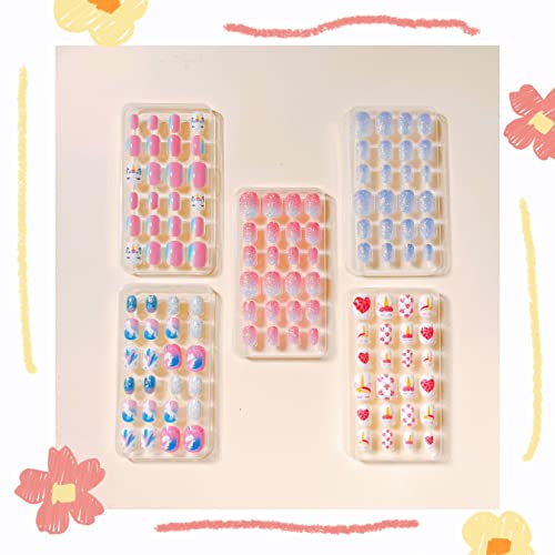False Nails Press on Nails for Kids-Flower Heart Print Short False Artificial Full Cover Nail Art Kits Nail Glue Tabs for Girls Children (120pcs glitter nails) - Image 2