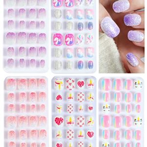 False Nails Press on Nails for Kids-Flower Heart Print Short False Artificial Full Cover Nail Art Kits Nail Glue Tabs for Girls Children (120pcs glitter nails)