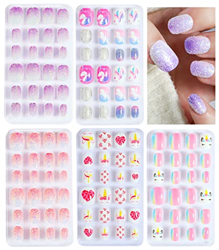 False Nails Press on Nails for Kids-Flower Heart Print Short False Artificial Full Cover Nail Art Kits Nail Glue Tabs for Girls Children (120pcs glitter nails)