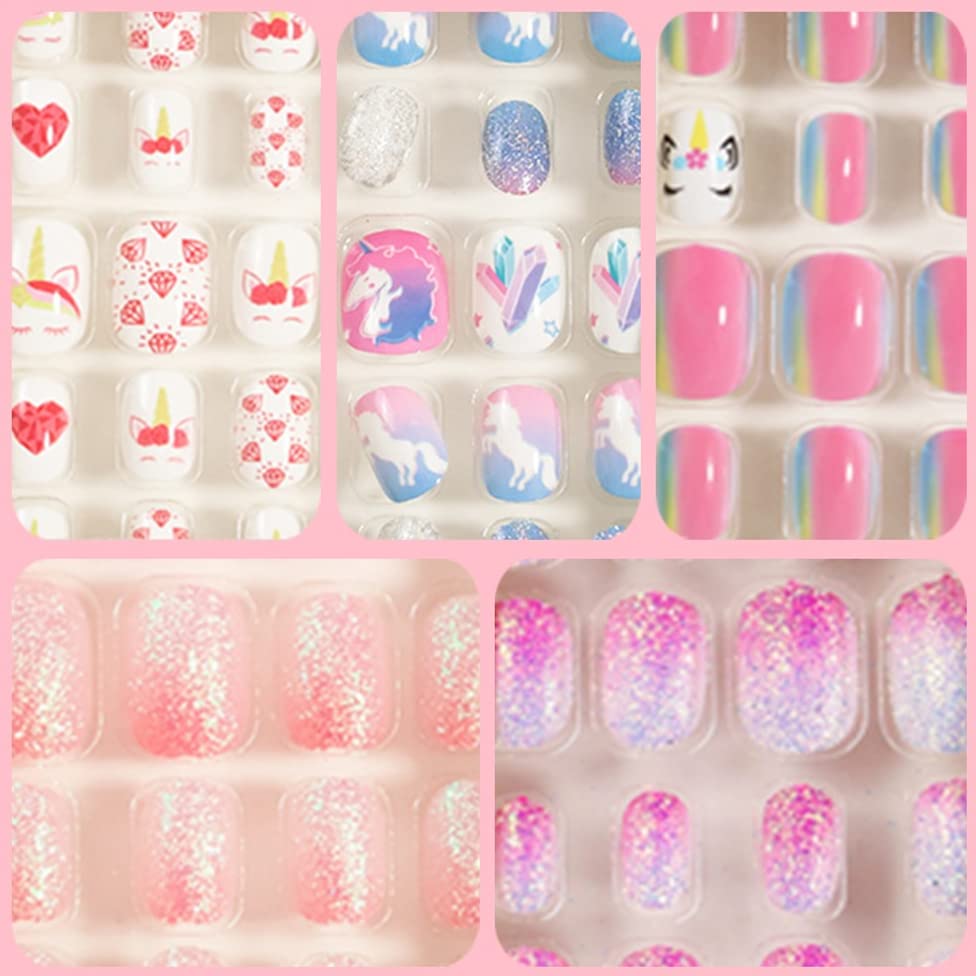 False Nails Press on Nails for Kids-Flower Heart Print Short False Artificial Full Cover Nail Art Kits Nail Glue Tabs for Girls Children (120pcs glitter nails) - Image 7