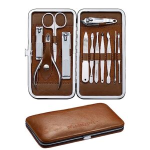 FAMILIFE Manicure Set, Professional Nail Kit Manicure Kit Nail Clipper Set, 12PCS Stainless Steel Nail Care Kit Manicure Tools, Nail Set with Brown Leather Travel Case Luxury Gifts for Him