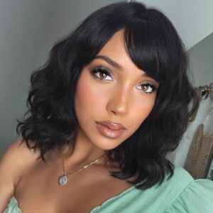 Fancy Hair Human Hair Short Wavy Wig with Bangs Lace Middle Part Glueless Brazilian Virgin Human Hair Wigs with Bangs for Black Women Natural Black 14 inches