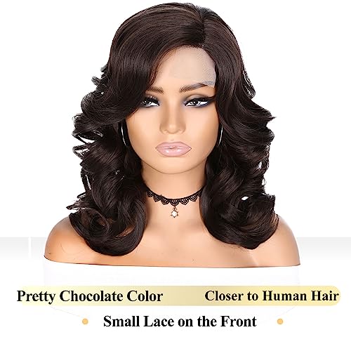Fancy Hair Short Body Wavy Wig Curly Loose Wave Wigs Big Curly Lady Side Part Wigs Synthetic Bob Wavy Wig for Black Women (Chocolate Brown 16 inch) - Image 2