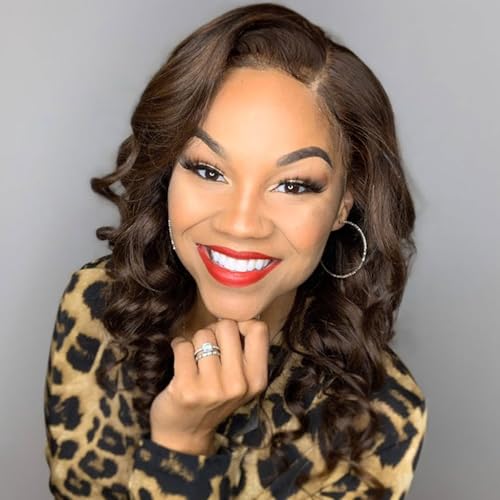 Fancy Hair Short Body Wavy Wig Curly Loose Wave Wigs Big Curly Lady Side Part Wigs Synthetic Bob Wavy Wig for Black Women (Chocolate Brown 16 inch)
