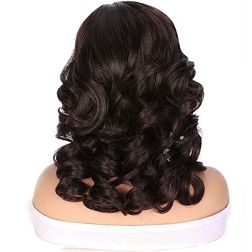 Fancy Hair Short Body Wavy Wig Curly Loose Wave Wigs Big Curly Lady Side Part Wigs Synthetic Bob Wavy Wig for Black Women (Chocolate Brown 16 inch) - Image 6
