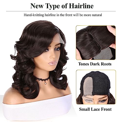 Fancy Hair Short Body Wavy Wig Curly Loose Wave Wigs Big Curly Lady Side Part Wigs Synthetic Bob Wavy Wig for Black Women (Chocolate Brown 16 inch) - Image 3