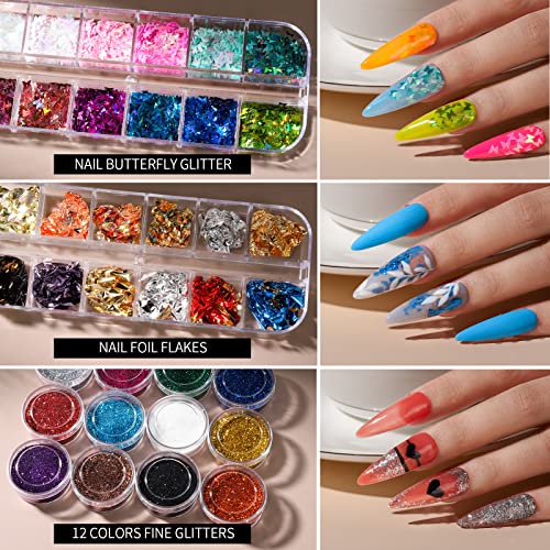 FANDAMEI Nail Art Brush Kit, Nail Design Tools Kit with Nail Art Brushes, Nail Dotting Tools,Fine Glitter,Nail Butterfly, Nail Glitter Sequins, Nail Foil Flakes, Nail Art Rhinestones, Nail Dust Brush - Image 3
