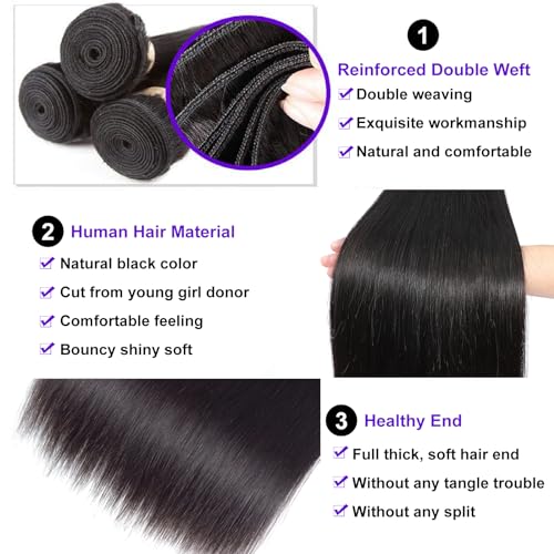 FASHION PLUS Straight Hair Bundles Human Hair 10A Grade Virgin Brazilian Straight Human Hair Bundles 100% Unprocessed Virgin Remy Hair Weave Bundles Natural Black 32 Inch - Image 2