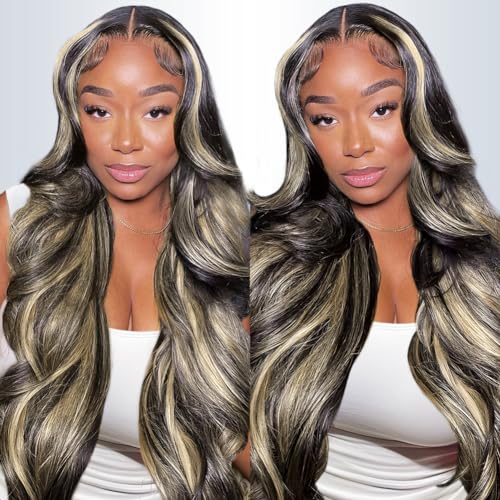 28 Inch Ombre Highlight Balayage Body Wave 13x4 HD Glueless Human Hair Lace Front Wig 200% Density
