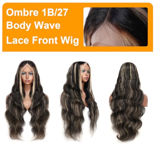 28 Inch 1b/27 Ombre Balayage Body Wave 210% Density Transparent HD Lace Frontal Human Hair Wig with Baby Hair - Image 2