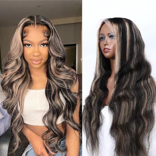 28 Inch 1b/27 Ombre Balayage Body Wave 210% Density Transparent HD Lace Frontal Human Hair Wig with Baby Hair
