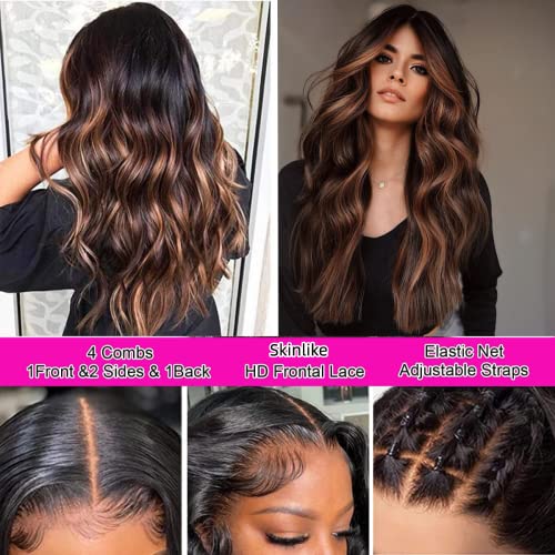 FENJUN Ombre Brown Blonde Human Hair Wigs 1B/33#/30# Highlight Color 20 Inch Brazilian Virgin Hair Body Wave 13x6 Lace Front Wigs Human Hair Pre plucked with Baby Hair Wet and Wavy Wigs for Women - Image 3