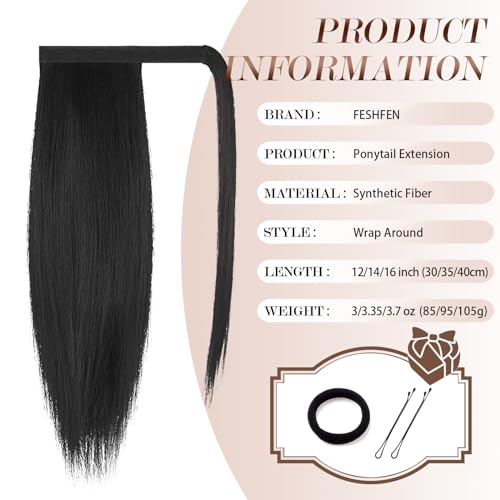 FESHFEN Straight Ponytail Extension 14 inch Natural Long Ponytails Wrap Around Clip in Pony Tail Hair Piece Synthetic Hairpieces for Women Girls, Dark Brown - Image 5