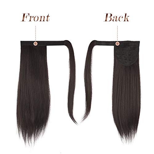 FESHFEN Straight Ponytail Extension 14 inch Natural Long Ponytails Wrap Around Clip in Pony Tail Hair Piece Synthetic Hairpieces for Women Girls, Dark Brown - Image 2