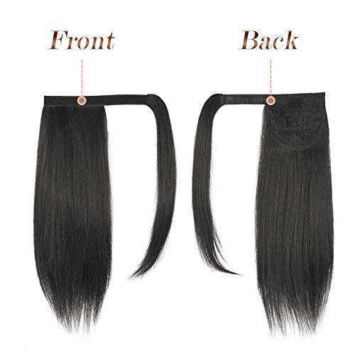 FESHFEN Straight Ponytail Extension 14 inch Natural Long Ponytails Wrap Around Clip in Pony Tail Hair Piece Synthetic Hairpieces for Women Girls, Natural Black - Image 2